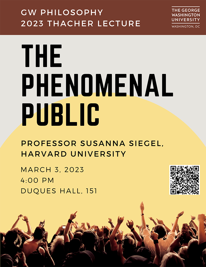 A poster for the 2023 Thacher Lecture "The Phenomenal Public" featuring the lecture title and a photograph of a backlit crowd raising their arms