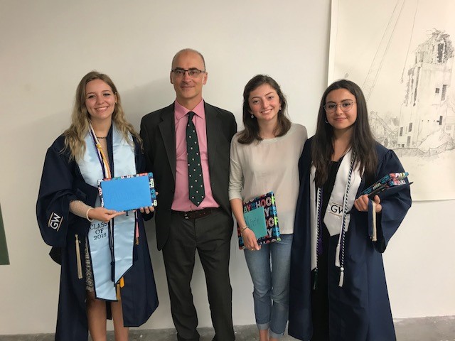 Department award winners with Department Chair Tad Zawidzki: Allie Geoca, Olivia Rhodes and Natalie Mathes.