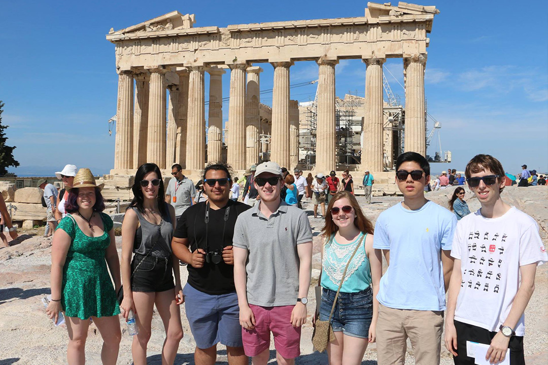 GW philosophy students standing in front of the Parthenon in Athens, Greece