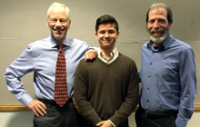 Alumnus and donor Michael Thacher, 2015-16 Thacher-Reynolds Fellow Harry Rosenberg, and faculty mentor Dr. Eric Saidel pose for a picture