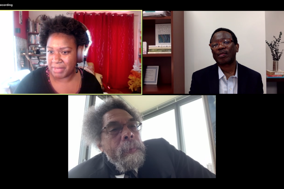 Cornel West (bottom) joined Assistant Professor of Philosophy Vanessa Wills (top left) and Professor of Sociology Xolela Mangcu