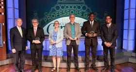 President Wrighton (l), Tractenberg Prize winners Paul Duff, Kim Roddis, David DeGrazia and Ekundayo Shittu; and Provost Bracey. (William Atkins/GW Today)